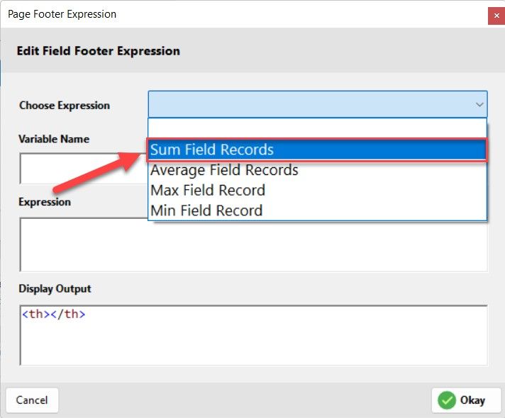 Field Footer Expression (Choose Predefined Expressions)